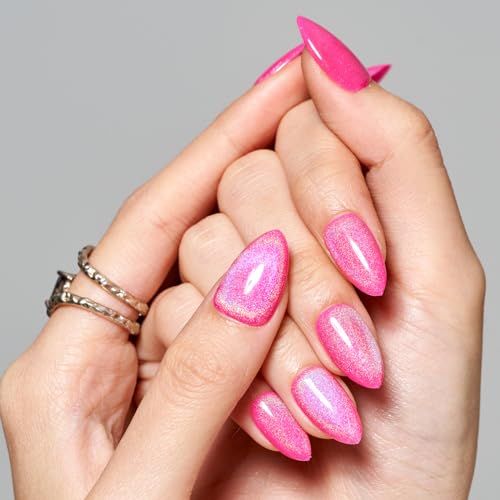 GLAMERMAID Press on Nails Short Almond, Handmade Summer Rainbow Hot Pink Cat Eyes Gel Nails Polish Glue on Nails, Glossy Reusable UV Finish Fake Nails Acrylic False Nails Manicure Kits for Women Gift