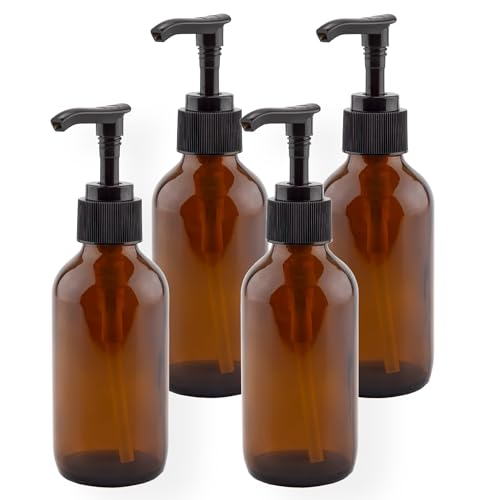 Cornucopia 4oz Amber Glass Pump Bottles (4-Pack); Great for Lotions, Liquid Soap, Aromatherapy and More