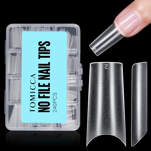 TOMICCA Long Square Nail Tips, 240Pcs Acrylic Half Cover Nail Tips, 12 Sizes No C Curve Full Matte Soft Gel Claer Nail Tips, Nail Extension Tips for Beginner and Professional