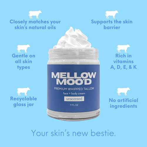 Mellow Moo'd Unscented Whipped Grass Fed Beef Tallow - Face + Body Cream - Tallow Moisturizer for Sensitive Skin - Natural Body Butter Lotion XTRA Large 9 FL OZ - Made In USA
