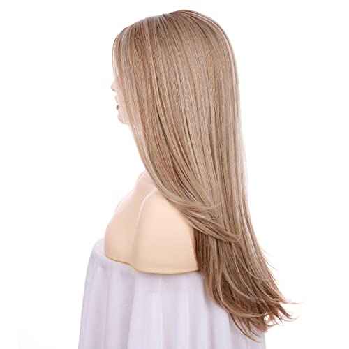 Onedor 24 Inch Fiber Straight Lace Front Wig - Glueless Side Part Dark Root Wigs for Women (Dark Natural Blonde Blended & Pale Golden Blonde with Dark Roots-OT8/386/624)