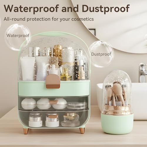 Large Capacity Makeup Organizer with Brush Holder & 2 Drawers - Green