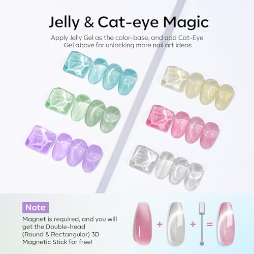 Modelones Gel Nail Polish Set 6 Colors B Jelly Pastel & Cat Eye, Long Lasting