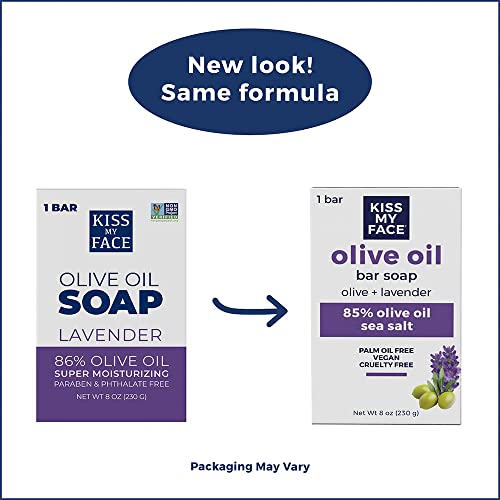 Kiss My Face Olive Oil Bar Soap, Non-GMO Certified Vegan Soap Bar, Antioxidant Rich and Moisturizing Soap, Olive & Lavender, 8 Oz Bar