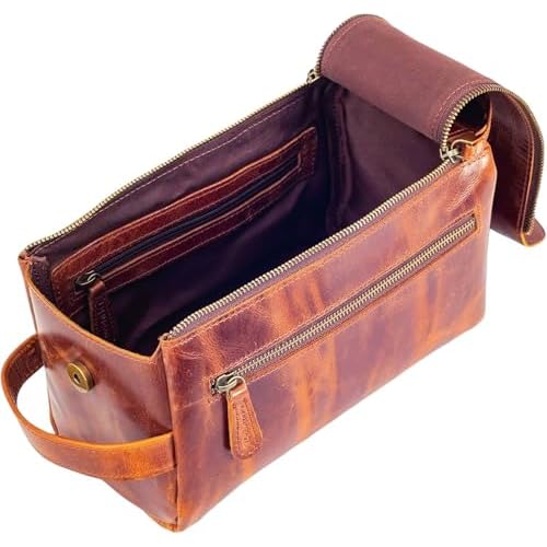 Premium Leather Toiletry Bag Travel Kit Unisex,Travel Mens Toiletry Bag,Mens Leather Shaving Bag, Handcrafted Vintage Shaving - Kit (Combo of 4 Items)