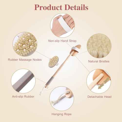 Dry Brushing Body Brush - Natural Bristle Dry Brush Set with 2 Detachable Heads, Wooden Long Handle Dry Body Brush for Lymphatic Drainage, Exfoliating and Cellulite Treatment