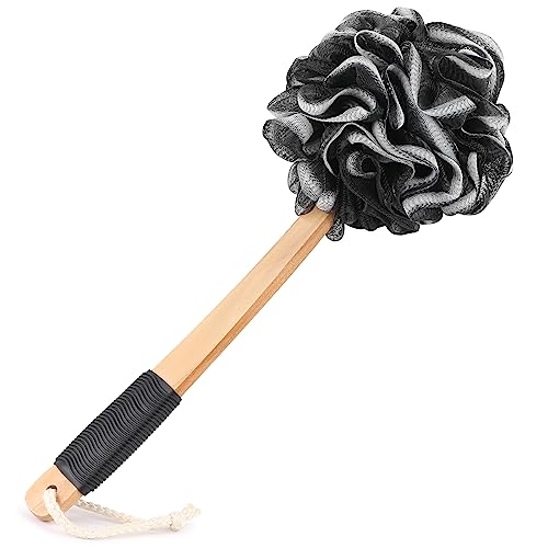 Black Loofah Back Scrubber with Wood Handle | PE Mesh