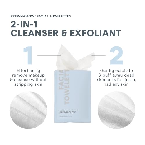 NuFACE Prep-N-Glow Facial Towelettes - 2-in-1 Exfoliating + Cleansing Makeup Remover Wipes, Hyaluronic Acid Travel Face Wipes to Hydrate & Brighten for Glowing Skin - 20 Individually Wrapped Cloths