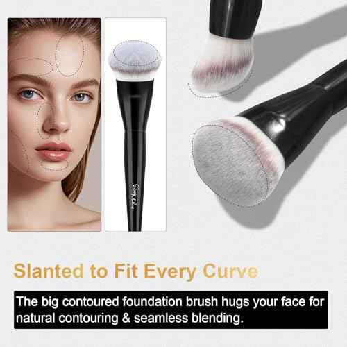 START MAKERS Contoured Foundation Brush, Large Angled Kabuki Makeup Brush for Liquid, Powder, Cream & Stick Foundation Bronzer Contour, Professional Makeup Application Tool for Blending Buffing, Black