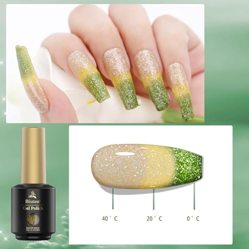 Biutee Glitter Temperature Color Changing Gel Nail Polish Gel Set 6 Colors Temperature Mood Changing Reflective Glitter Gel Polish Soak Off UV LED Nail Polish Set