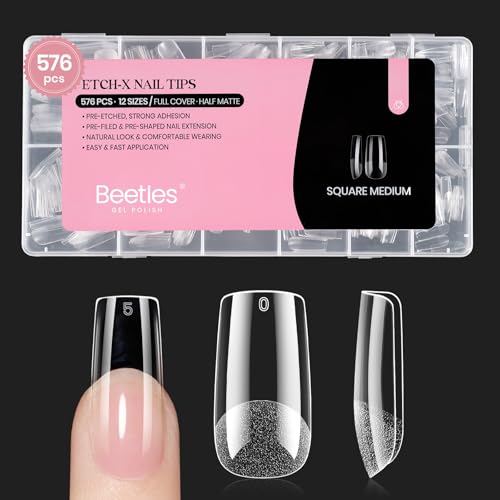Beetles A- Square M Nail Tips Medium Square 576Pcs - Pre-Etched Acrylic Gel Extensions