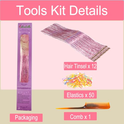 CelineBella Pink Hair Tinsel Extensions - 80 Strands, 24 Inches