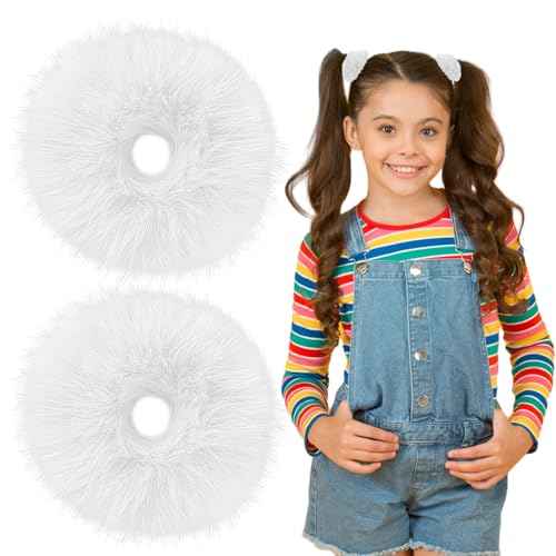 Lusofie 2Pcs White Pompom Hair Tie Furry Faux Rabbit Fur Fuzzy Scrunchies White Fuzzy Hair Ties Baby Hair Ties Ponytail Holders Pom Hair Accessories for Girl Women
