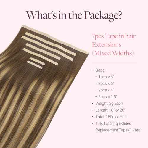 GOO GOO Tape in Hair Extensions Human Hair, 4/27/4 Balayage Chocolate Brown to Caramel Blonde, 8"/6"/4"/1.5" Wide Tape, 18inch 7pcs 110g, Tape Weft Hair Extensions, Real Human Hair, Seamless Tape in