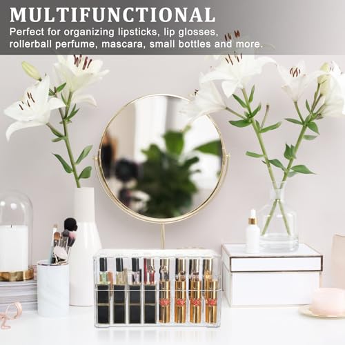 ELLDOO Rollerball Perfume Organizer, 24 Spaces Clear Acrylic Perfume Storage Holder Beauty Scent Holder, Makeup Lipgloss Lipstick Display Case with Lid