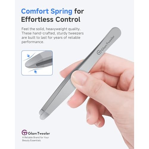Premium Hand-Made Tweezers with Safe Rounded Tip & Comfort Spring for Pain-Free Plucking, Thick Stainless Steel for Precise Grip on Eyebrows & Facial Hair, Designed for Women and Men