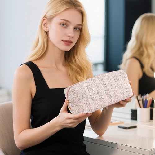 Makeup Bag Travel Toiletry Bag for Women, Small Cosmetic Bags Cute Quilted Cotton Makeup Pouch for Purse Emergency Bag for School Floral Pencil Case Accessory Bag, Pastel Pink