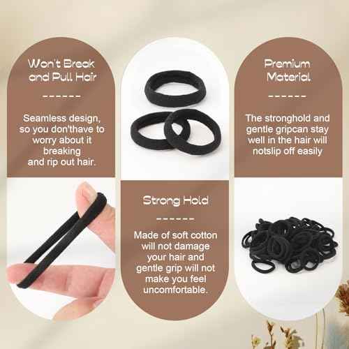 200 Pcs Black Hair Ties No Damage, Soft Ouchless Elastic Hair Ties, Nylon Seamless Hair Tie for Women and Girls, Sturdy Ponytail Holders for Thick and Curly Hair, No Damage Hair Bands for Thin Hair