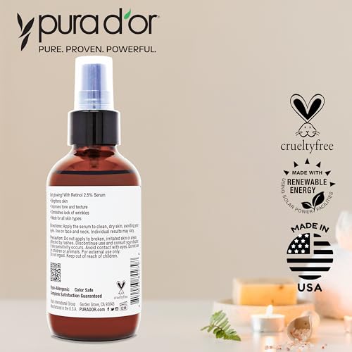 PURA D'OR Retinol Serum Nighttime Facial Skincare ? 3.3 oz Overnight Treatment Featuring Aloe Vera Botanical Extracts, Lightweight Fast-Absorbing Hydration for Smoother-Looking Texture, Tone, Radiance