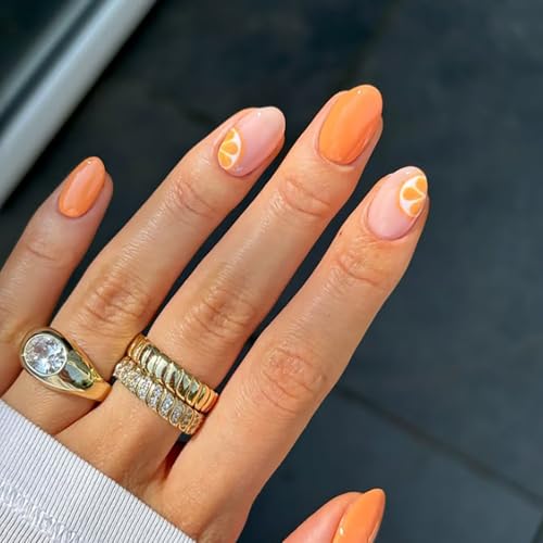 Short Almond Press On Nails - Orange Acrylic Fake Nails for Women