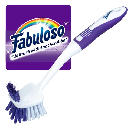 Fabuloso Tile Brush with Spot Scrubber - 11 Inch Bathroom Cleaning Tool - White & Purple
