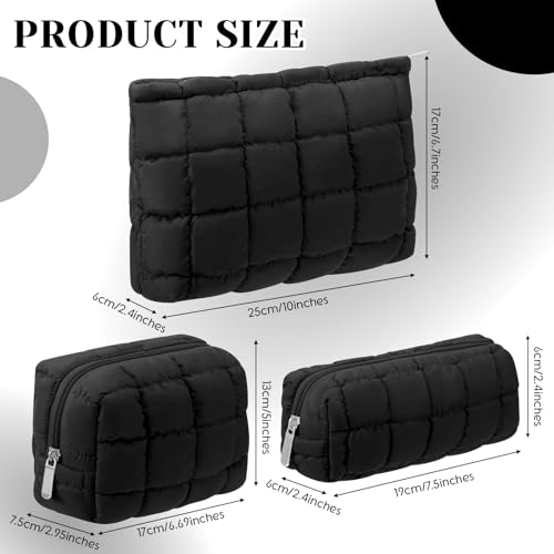 Huhumy 3-Piece Quilted Makeup Bag Set - Black Cosmetic Pouches