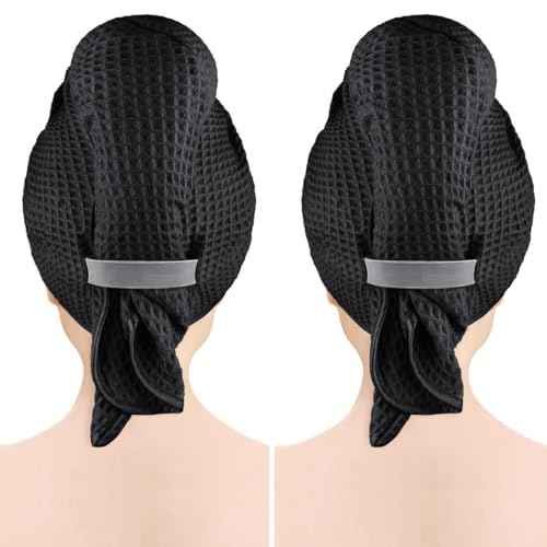 GLIMGLINT 2 Pack Black Microfiber Hair Towel Wrap for Long, Thick, Curly Hair, Super Soft, Fast Drying Waffle Hair Towel Wrap with Elastic Strap 40"X26.5"