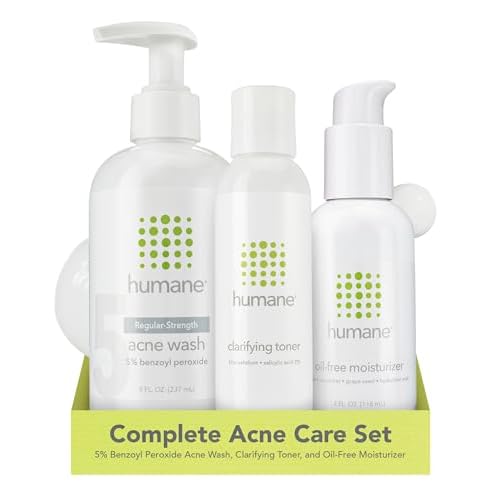 humane Regular-Strength Acne Wash, Clarifying Toner and Oil-Free Moisturizer Bundle - 5% Benzoyl Peroxide Acne Treatment