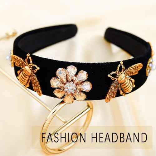 Black Baroque Headband Pearl Rhinestones Hairband with Beaded Hair Ties Handmade Velvet Hair Hoop Wide Head Band for Women (Bee)