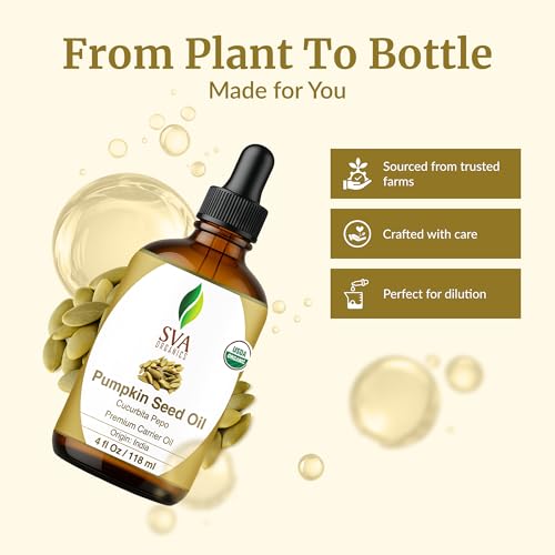 SVA Pumpkin Seed Oil Organic - 4 Fl Oz ? 100% Natural Cold Pressed Organic Pumpkin oil - for Face, Skin Care, Hair Care, Scalp Massage & Body Massage ? Carrier Oil with Dropper