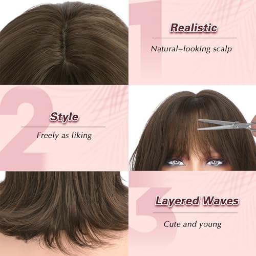 Haloo Brown Bob Wig with Bangs 14 Inch Shoulder Length