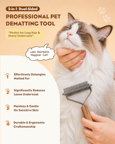 2-in-1 Cat Grooming Brush for Dematting & Deshedding - Safe for Sensitive Cats