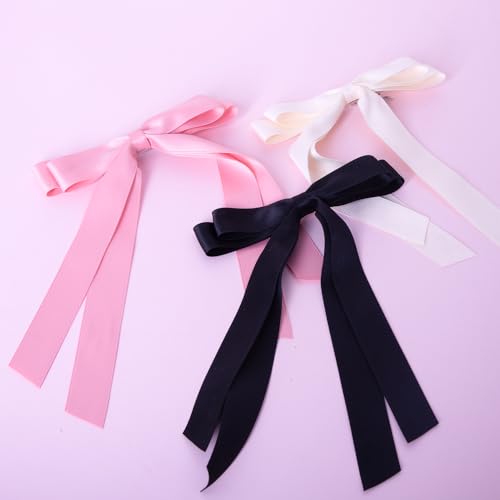 Bmobuo Hair Clip, 3Pcs Satin Bows for Hair Clips - Beige, Pink, Black Hair Ribbon Clips for Women and Girls, Romantic Hairstyles, Wide Applications