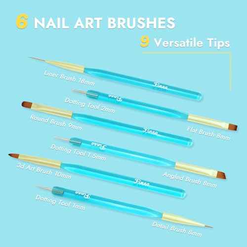 Finea Nail Art Brushes and Dotting Tools 6pcs Set for Builder Gel Polygel Gel Polish Paint Design with Flat, Round, Thin Liner, French Tip, Small Detail Painting, 3D Acrylic Flower Brushes, Gold Blue