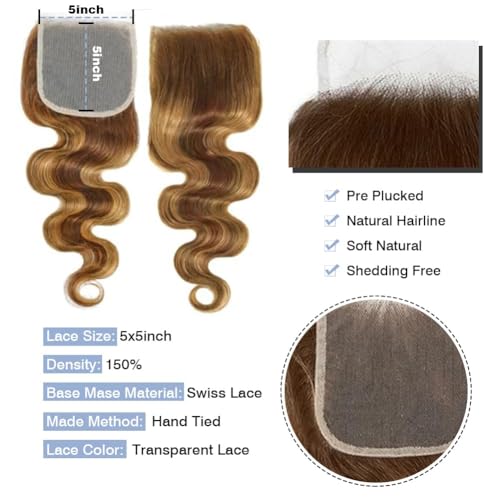 Honey Blonde Highlight Body Wave 4 Bundles with 5x5 Closure