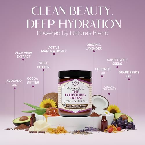 Manuka Gold The Everything Cream - Honey Manuka Cream in Glass Jar with Nourishing Oils for Dry skin - Hydrating Face Moisturizer with Aloe, Shea & Coconut 4 Fl Oz