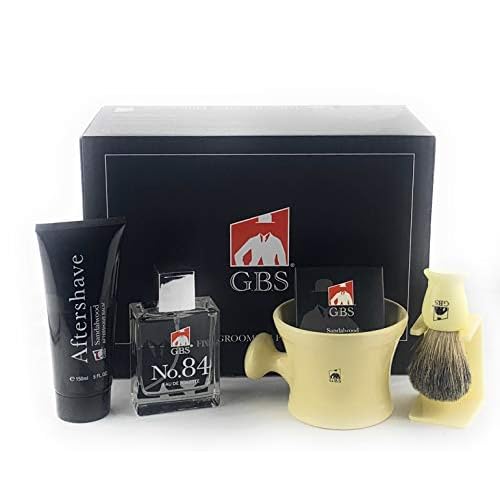 G.B.S Men Shave Kit, Ceramic Shaving Mug with Knob Handle, Shaving Brush, Ivory Stand, Sandalwood Shave Soap, Sandalwood Aftershave, Ivory