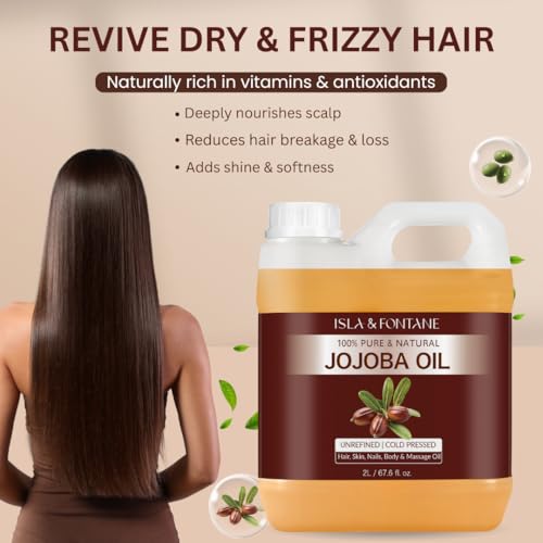 ISLA & FONTANE Jojoba Oil Set ? 67.6 Fl Oz (2L) | 100% Pure & Natural | Golden, Unrefined, Cold Pressed | 2 Dropper Bottles & Massager | Hexane-Free Carrier Oil for Skin, Hair, Face, Nails & Body