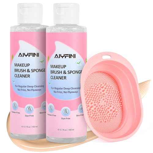Alyfini Makeup Brush Cleaner Solution + Scrub Basin Combo, Removes Tough Stain on Make Up Brushes Set/Sponge/Puffs, Deep Clean Inner Bristles from Waterproof Foundation/Concealer, 10.2 Fl Oz/300 ml