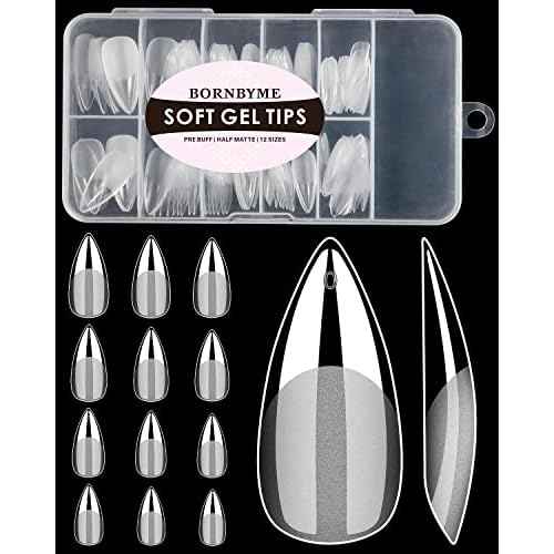 Soft Gel Nail Tips Medium Stiletto, 120PCS Pre Buff Full Cover Shaped Nail Extenison Tips Half Matte Gel Nail Tips BORNBYME
