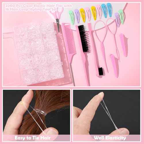 2200 Pcs Clear Hair Ties, Hair Loop Styling Tool Set with Hair Tie Cutter, Elastic Hair Accessories for Toddler Baby Girl Women