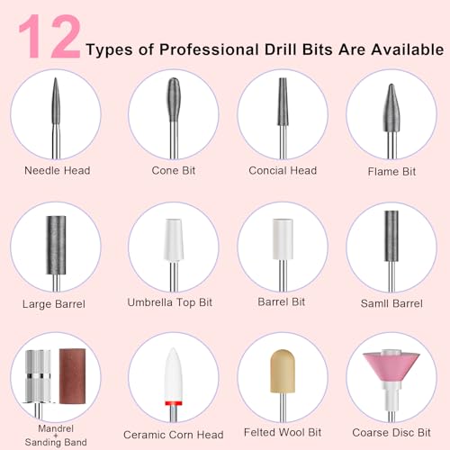 Professional Electric Nail Drill 40,000RPM with 12 Bits - Rechargeable Efile for Salon & Home Use