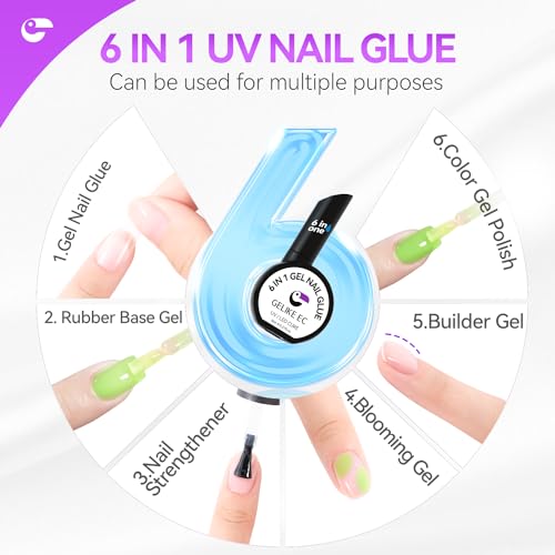 Professional Gel Nail Glue UV - 6 in 1 Gel Glue for Nail Tips with Green Jelly Gel Polish,Base Coat Free,Gelike EC Strong Adhesive for Press on Nail,Ideal for Salon and Home DIY