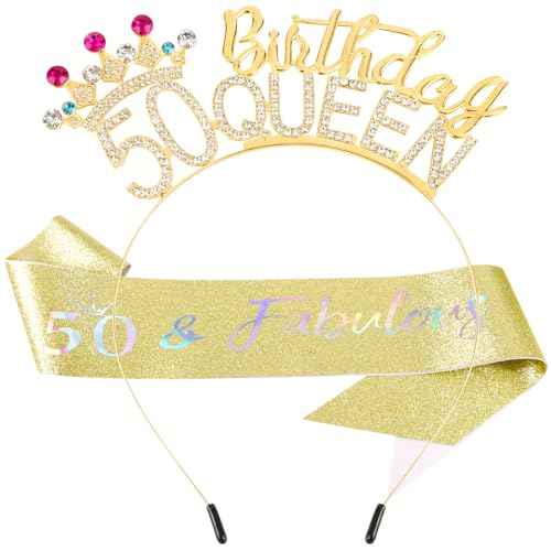 VELSCRUN 50th Birthday Queen Headband, Tiara Crown for Women, 50th Birthday Decorations for Her, Birth Queen Tiaras Crowns Sash for Women Mom Birth Party Decoration Hair Accessories Gold