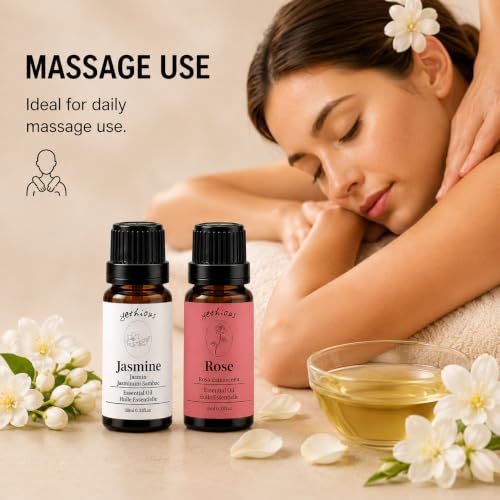 Yethious Rose & Jasmine Essential Oil Set for Diffuser, Skin & Hair Care – Pack of 2, 0.33 Fl Oz Each