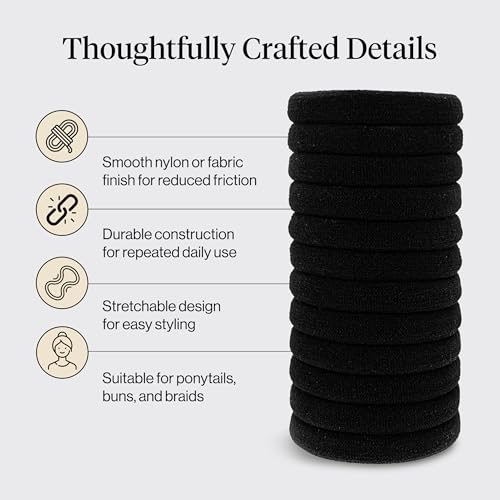 Kitsch No-Damage Elastic Hair Ties - Black Ponytail Holders, 12 Pack