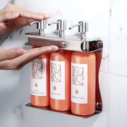 Brushed Silver Shampoo, Conditioner, Body Wash Dispenser Eco-Friendly 3 Compartment Refillable Shampoo and Conditioner Pump Bottle, Wall Mounted Slot Shower Soap Dispenser (KCLS-3)
