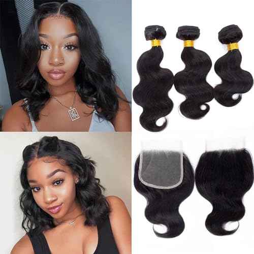 Kapelli Hair Body Wave Bundles with Closure (12 14 16+10) Human Hair Bundles with Closure 100% Unprocessed Brazilian Virgin Remy Hair Extensions Real Human Hair for Women Quick Weave Natural Black