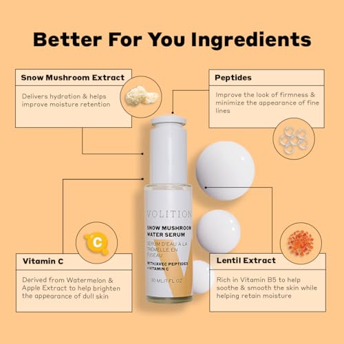 Volition Beauty Snow Mushroom Water Serum with Peptides + Vitamin C | Floods Skin with Moisture & Hydration | Visibly Minimizes Lines, Wrinkles & Pores | Soothes Redness & Improves Skin Texture