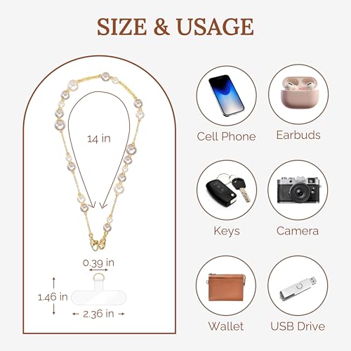 White Pearl Phone Charm Wrist Strap with Gold Beaded Lanyard